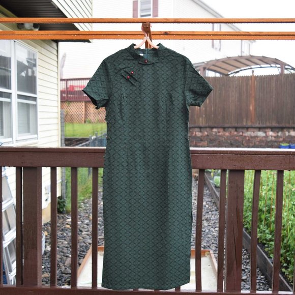 Dresses & Skirts - 【SOLD】Dark Green Flora Qipao Midi Dress - Chinese Traditional Cheongsam